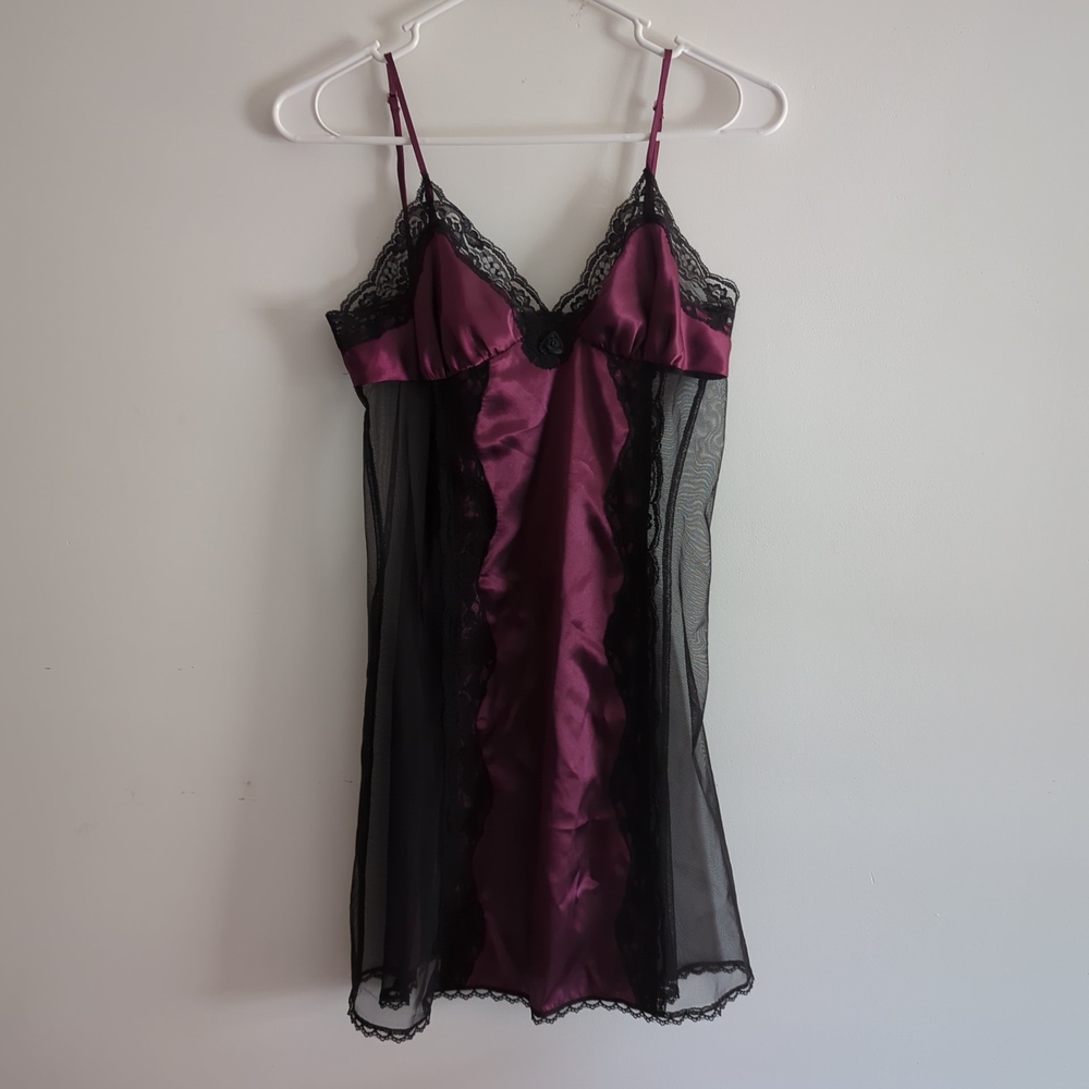 Frederick's of Hollywood Black and Purple Satin Chemise